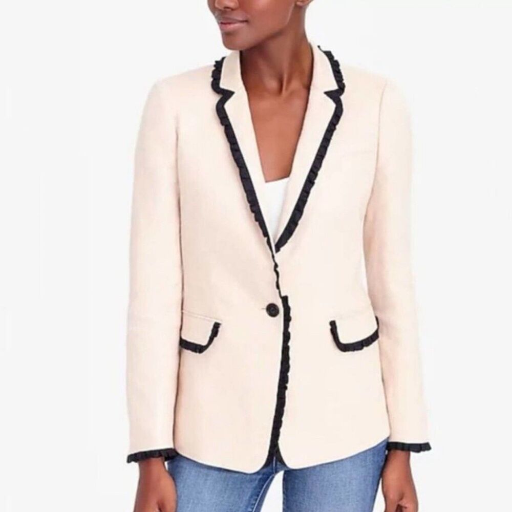 J Crew Linen Blazer with Ruffle Trim Tan Black Women Size 8 Tailored Fit Career